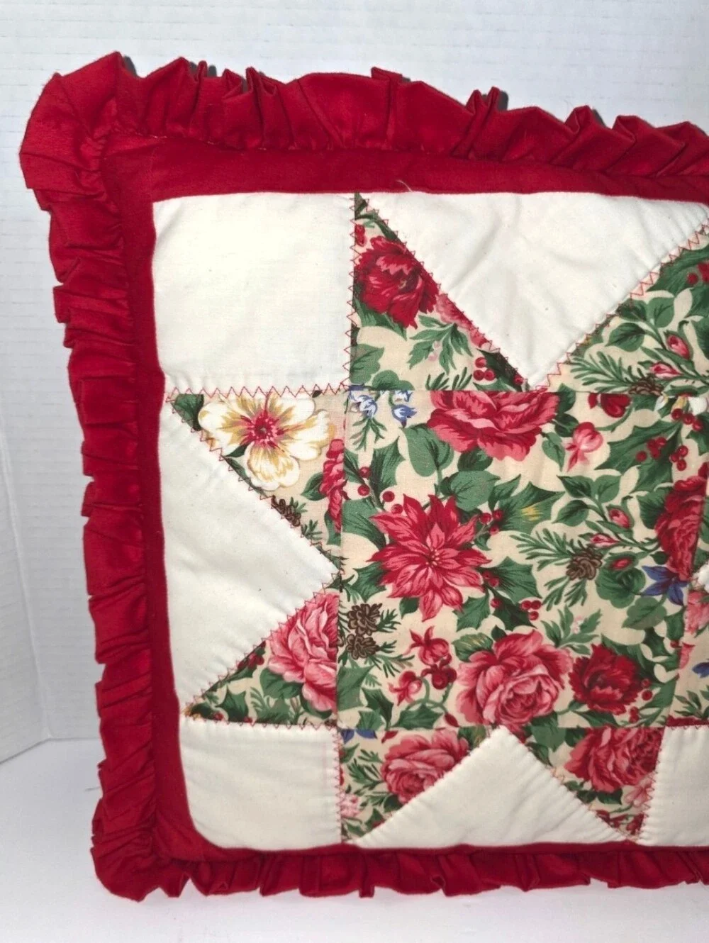 Vintage Handmade Quilted Pillow Floral Patchwork Star Ruffle Cottagecore Cottage
